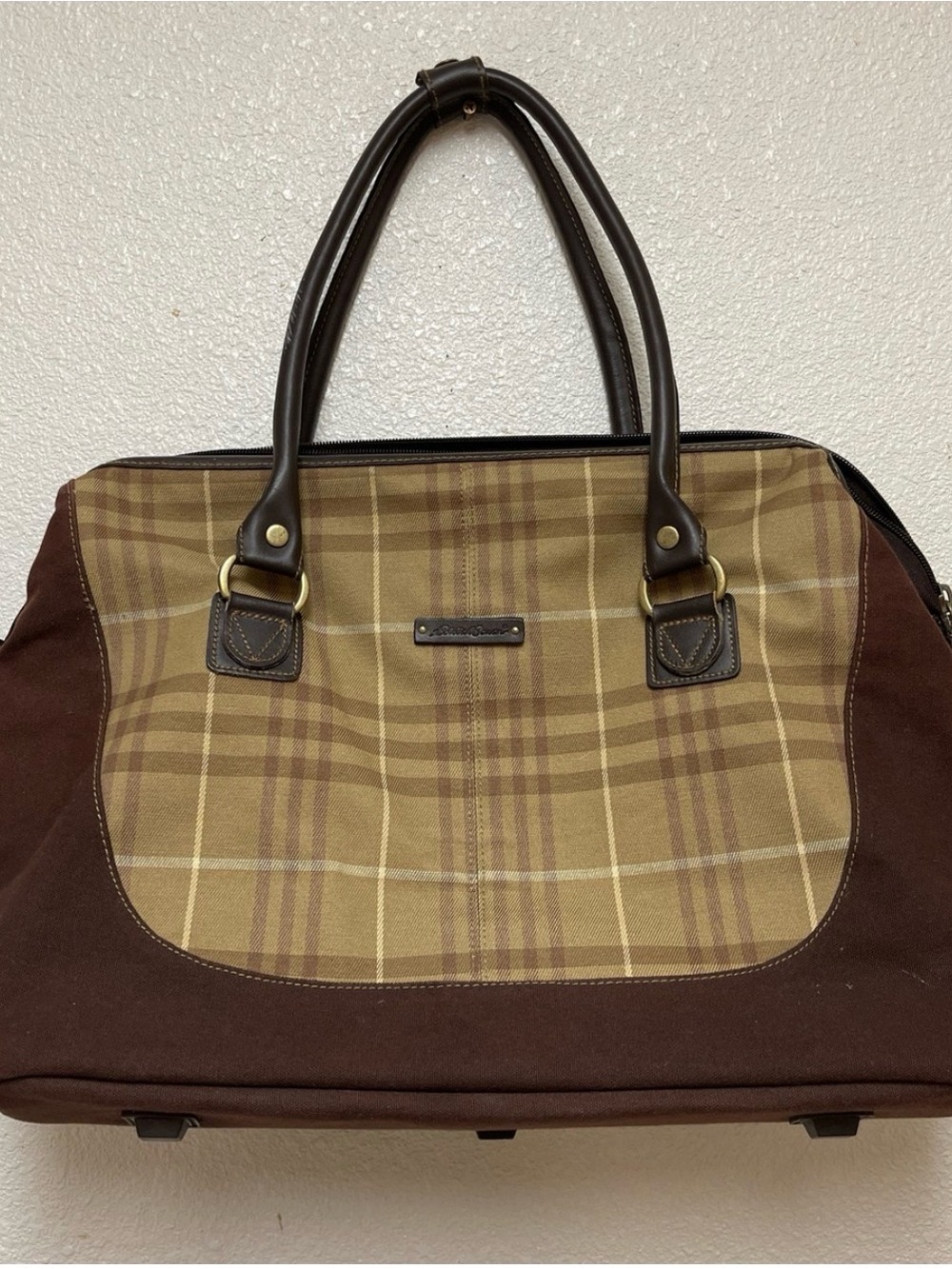 Eddie Bauer Brown Plaid Canvas Duffel Bag with Dark Trim